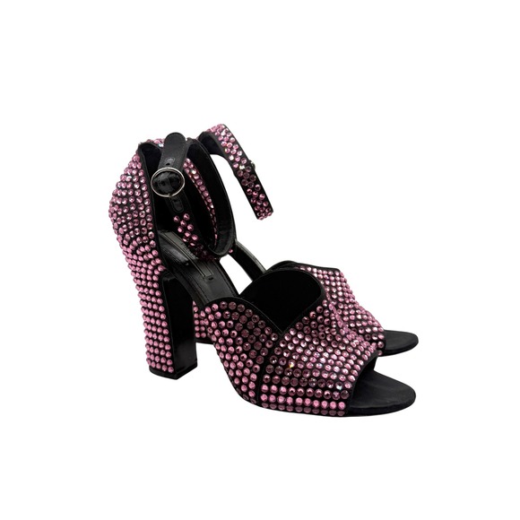 Prada Embellished Crystal Ankle Strap Block Heel Sandals Pink Women's Shoes 38.5 - Picture 2 of 9